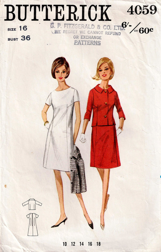 Butterick 4059 Womens Shift Dress & 3/4 Sleeved Jacket 1960s Vintage Sewing Pattern Size 16 Bust 36 inches