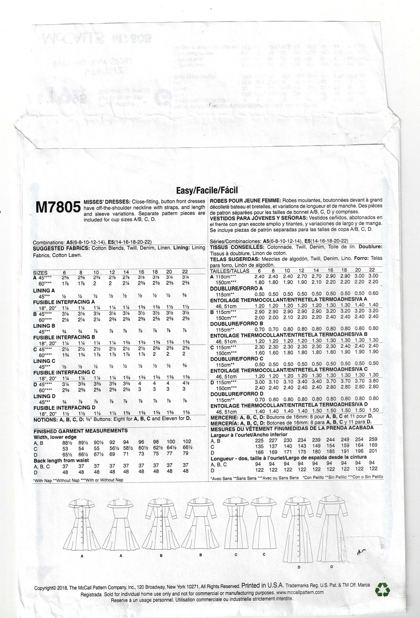 McCall's 7805 Womens Strappy Sundresses Out Of Print Sewing Pattern Size 14 - 22 UNCUT Factory Folded