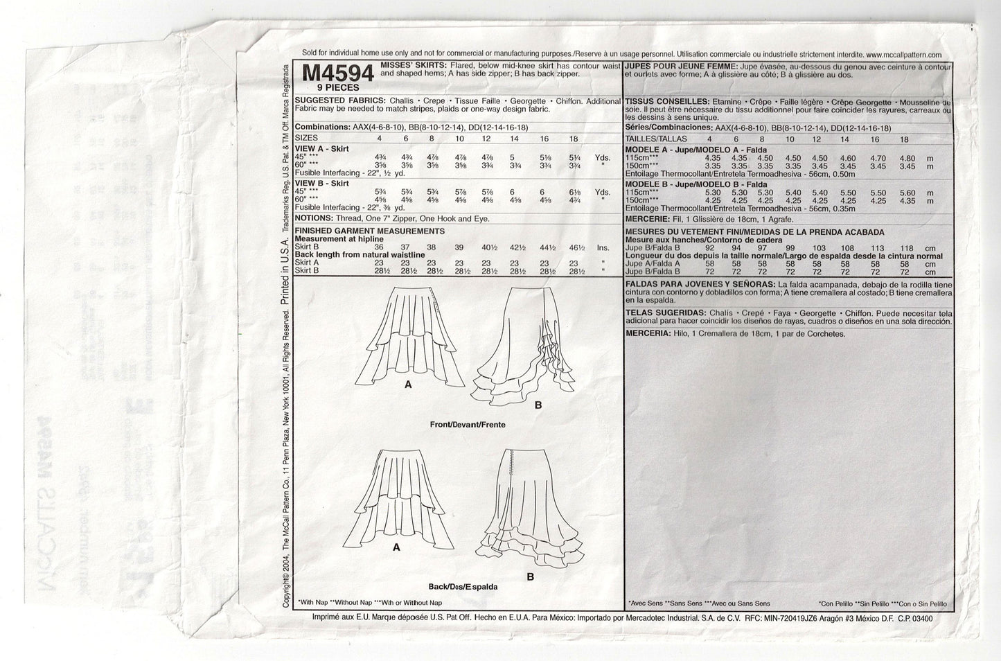 McCall's 4594 Womens Ruffled Layered or Asymmetric Skirts Out Of Print Sewing Pattern Size 8 - 14 UNCUT Factory Folded