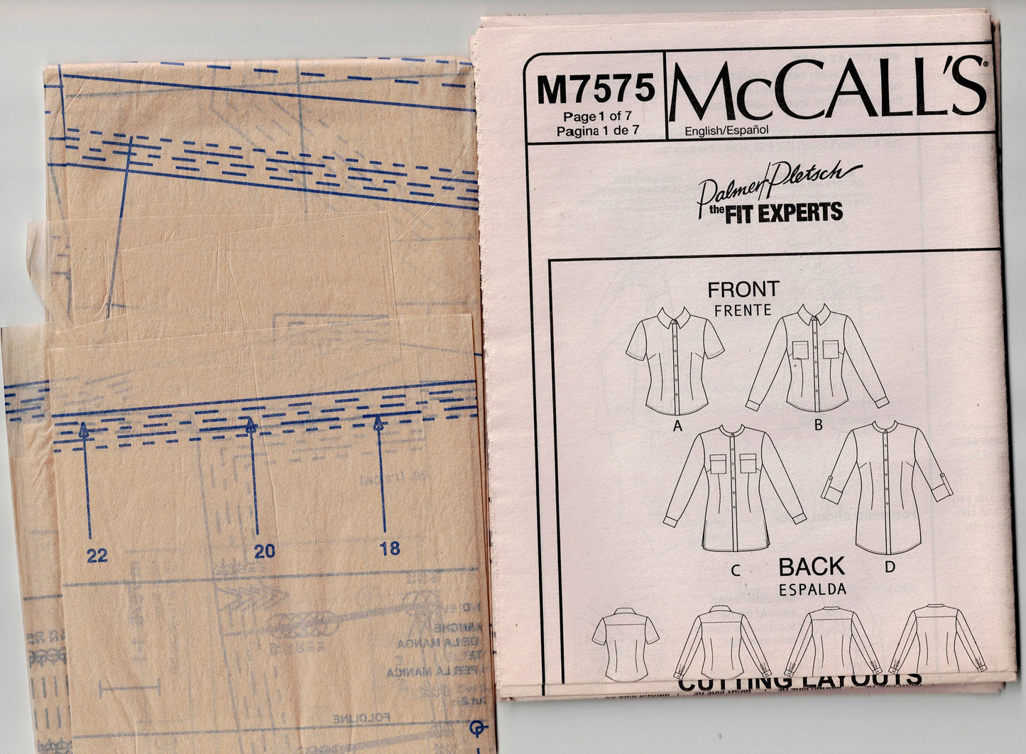 McCall's 7575 Womens PALMER/PLETSCH Semi Fitted Button Front Shirts Out Of Print Sewing Pattern Sizes 16 - 24 UNCUT Factory Folded