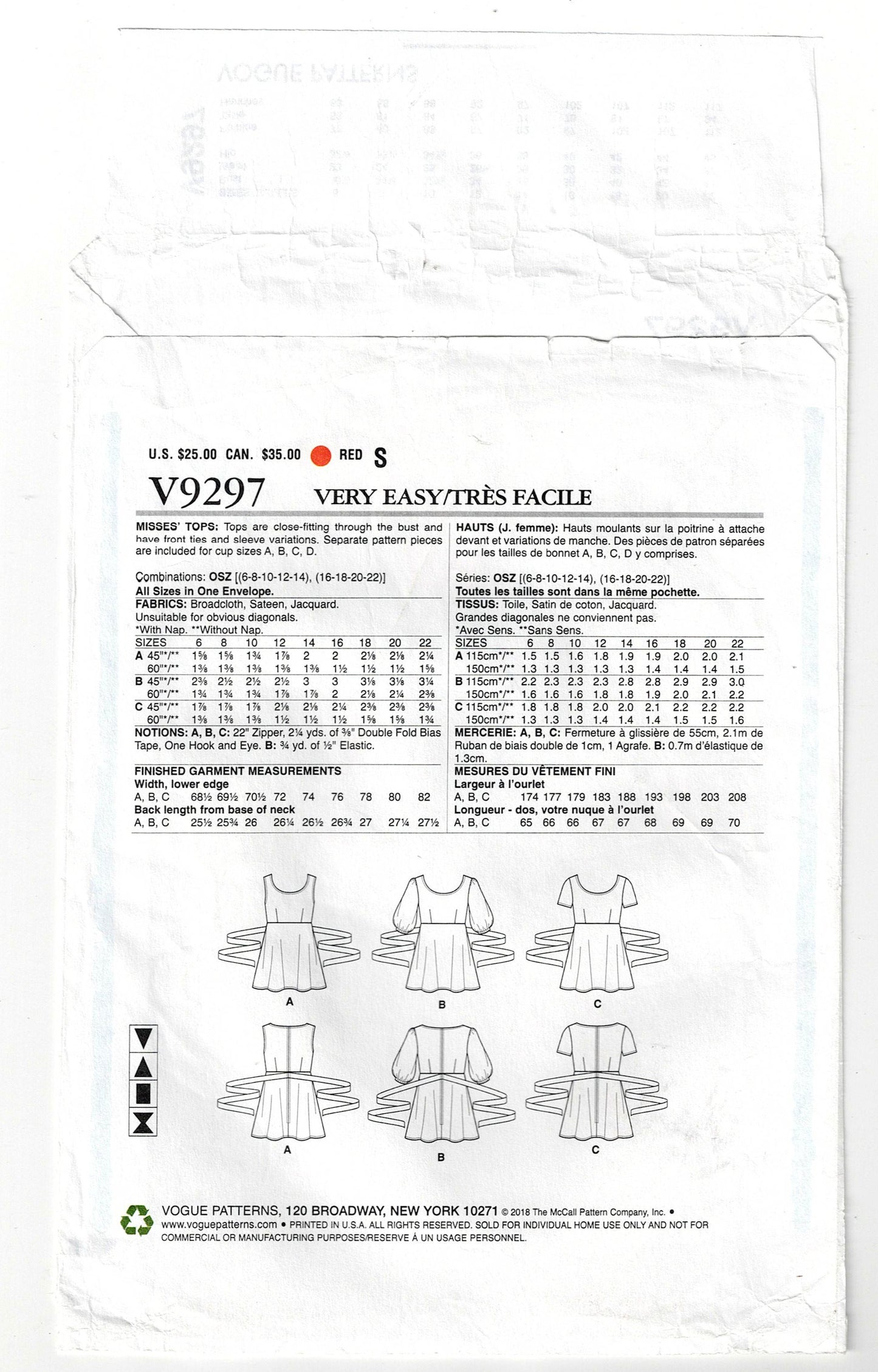 Very Easy Vogue 9297 Womens CUSTOM FIT Summer Tops Out Of Print Sewing Pattern Size 6 - 22 UNCUT Factory Folded