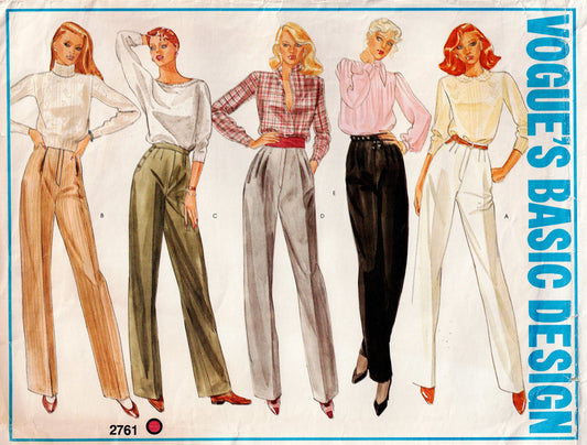 Vogue Basic Design 2761 Womens Straight Leg Pants in 5 Styles 1980s Vintage Sewing Pattern Size 10 Waist 25 Inches UNCUT Factory Folded