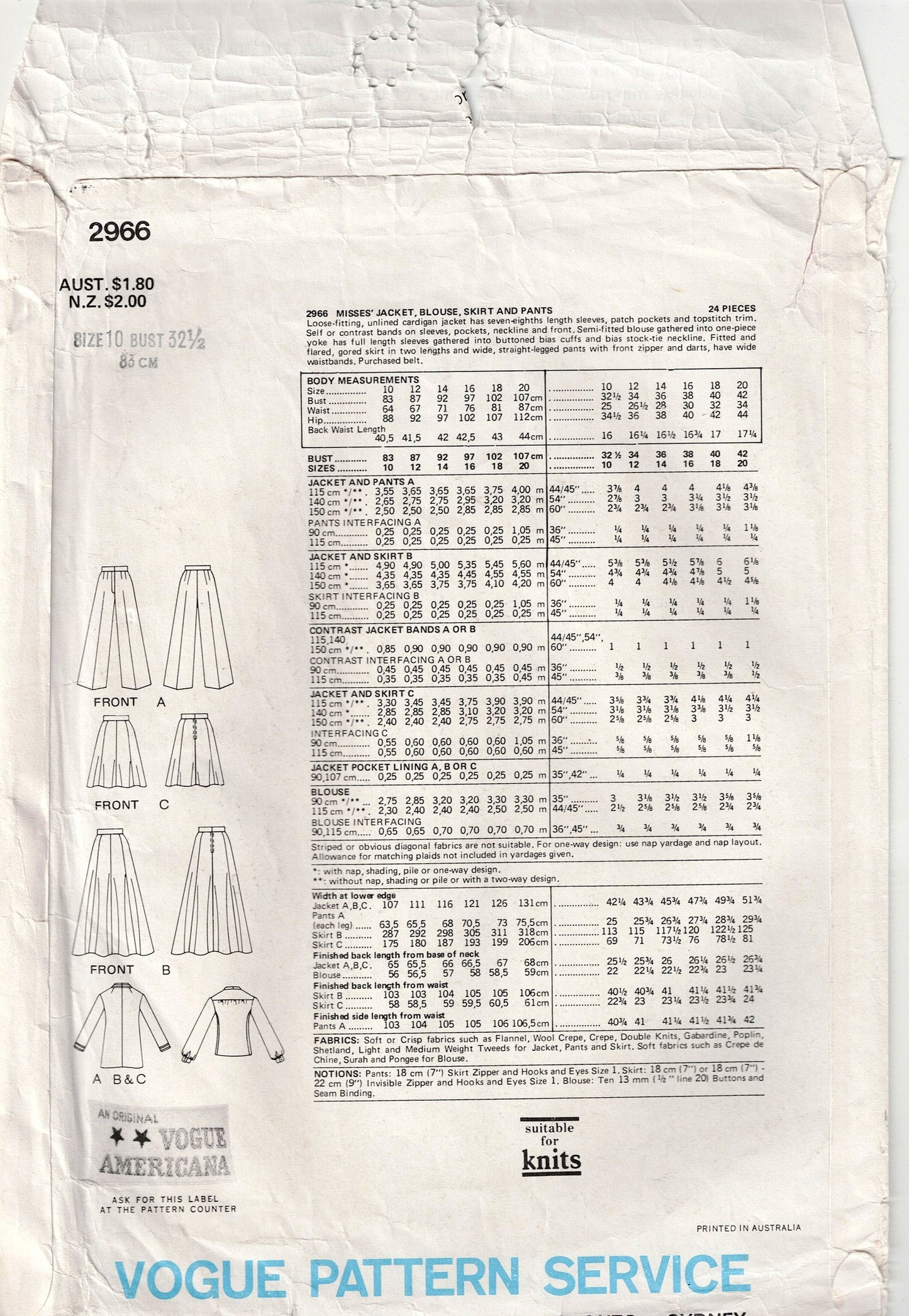 Vogue American Designer 2966 TEAL TRAINA Womens Contrast Edged Jacket Pussy Bow Blouse Skirt & Pants 1970s Vintage Sewing Pattern Size 10 Bust 32.5 inches UNCUT Factory Folded