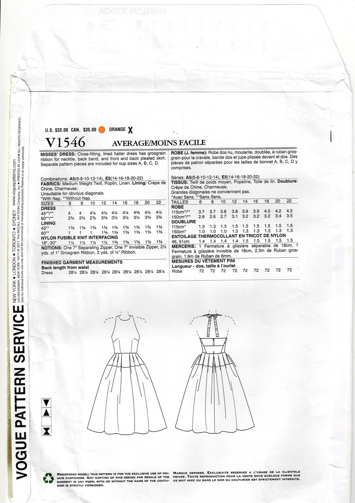 Vogue Designer Original 1546 REBECCA VALLANCE Womens Custom Fit Halter Full Skirt Dress Out Of Print Sewing Pattern Size 6 - 14 UNCUT Factory Folded