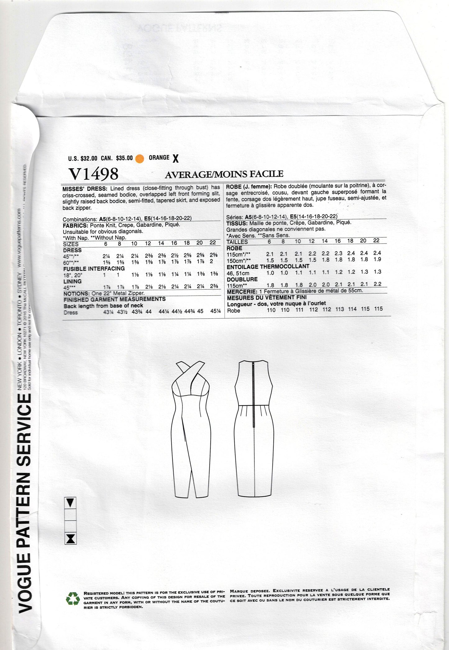 Vogue Designer Original 1498 NICOLA FINETTI Womens Sheath Dress with Crossover Straps Out Of Print Sewing Pattern Size 6 - 14 UNCUT Factory Folded
