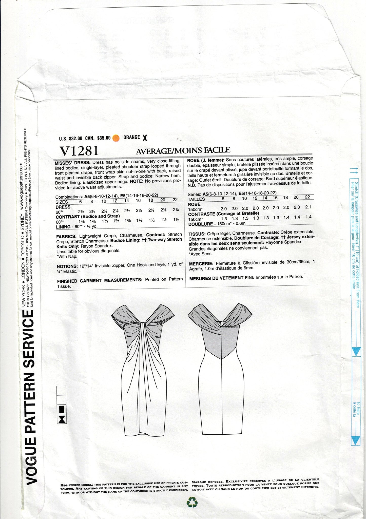Vogue American Designer 1281 DKNY Womens Colour Block Draped Evening Dress Out Of Print Sewing Pattern Size 6 - 14 UNCUT Factory Folded