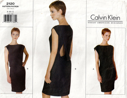 Vogue American Designer 2120 CALVIN KLEIN Womens Asymmetric Open Back Draped Evening Sheath Dress 1990s Vintage Sewing Pattern Size 8 - 12 UNCUT Factory Folded