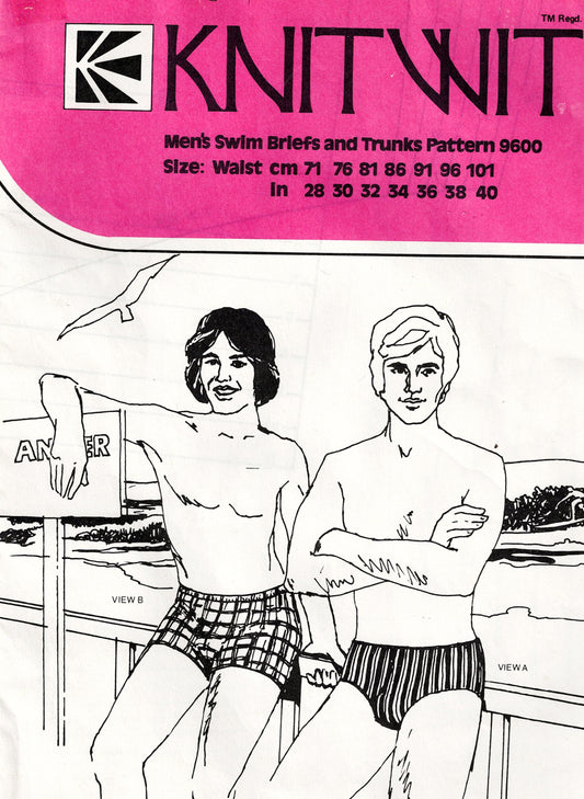 Knitwit 9600 Mens Swim Briefs & Trunks 1970s Vintage Sewing Pattern Waist 28 - 40 inches UNCUT Factory Folded