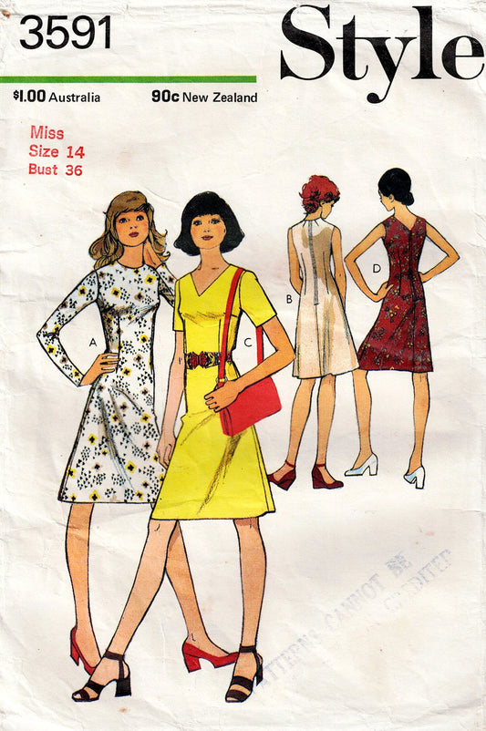 Style 3591 Womens Fit & Flared Dress 1970s Vintage Sewing Pattern Size 14 Bust 36 Inches