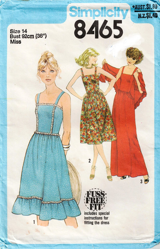 Simplicity 8465 Womens Sundress Ruffled Maxi Dress & Shawl 1970s Vintage Sewing Pattern Size 14 Bust 36 inches UNCUT Factory Folded
