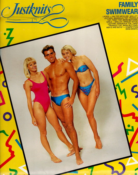 Justknits Mens Womens Kids Family Swimwear 1980s Vintage Sewing Pattern All Sizes UNCUT Factory Folded Master Pattern