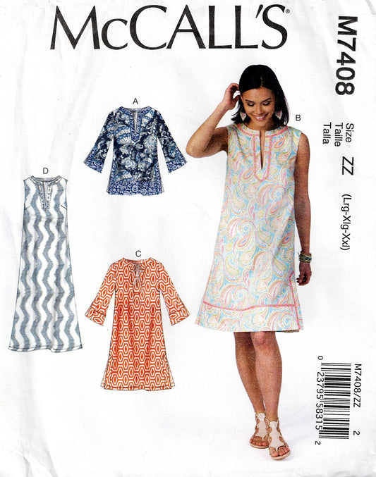 McCall's 7408 Womens EASY Pullover Caftan Dress or Top Out Of Print Paper Sewing Pattern Size L - XXL UNCUT Factory Folded