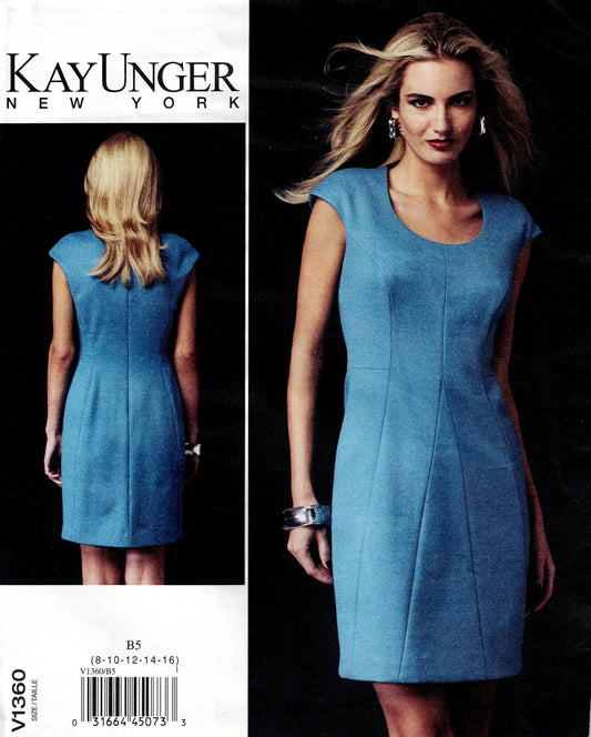 Vogue American Designer 1360 KAY UNGER NY Womens Stretch Panelled Lined Dress for Wool Or Ponte Knit Out Of Print Sewing Pattern Size 8 - 16 or 16 - 24 UNCUT Factory Folded