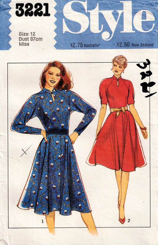 Style 3221 Womens Raglan Sleeved Dress with Mandarin Collar 1980s Vintage Sewing Pattern Size 12 Bust 34 inches