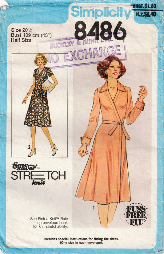 Simplicity 8486 Womens Half Sized Stretch Knit Wrap Dress with Optional Wide Collar 1970s Vintage Sewing Pattern Bust 43 Inches