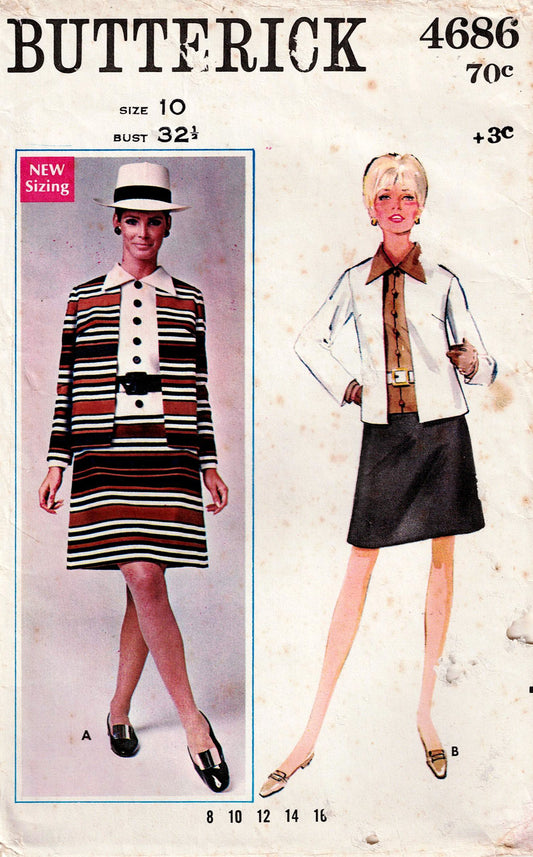 Butterick 4686 Womens MOD Shift Dress & Jacket 1960s Vintage Sewing Pattern Size 10 Bust 32.5 inches UNCUT Factory Folded