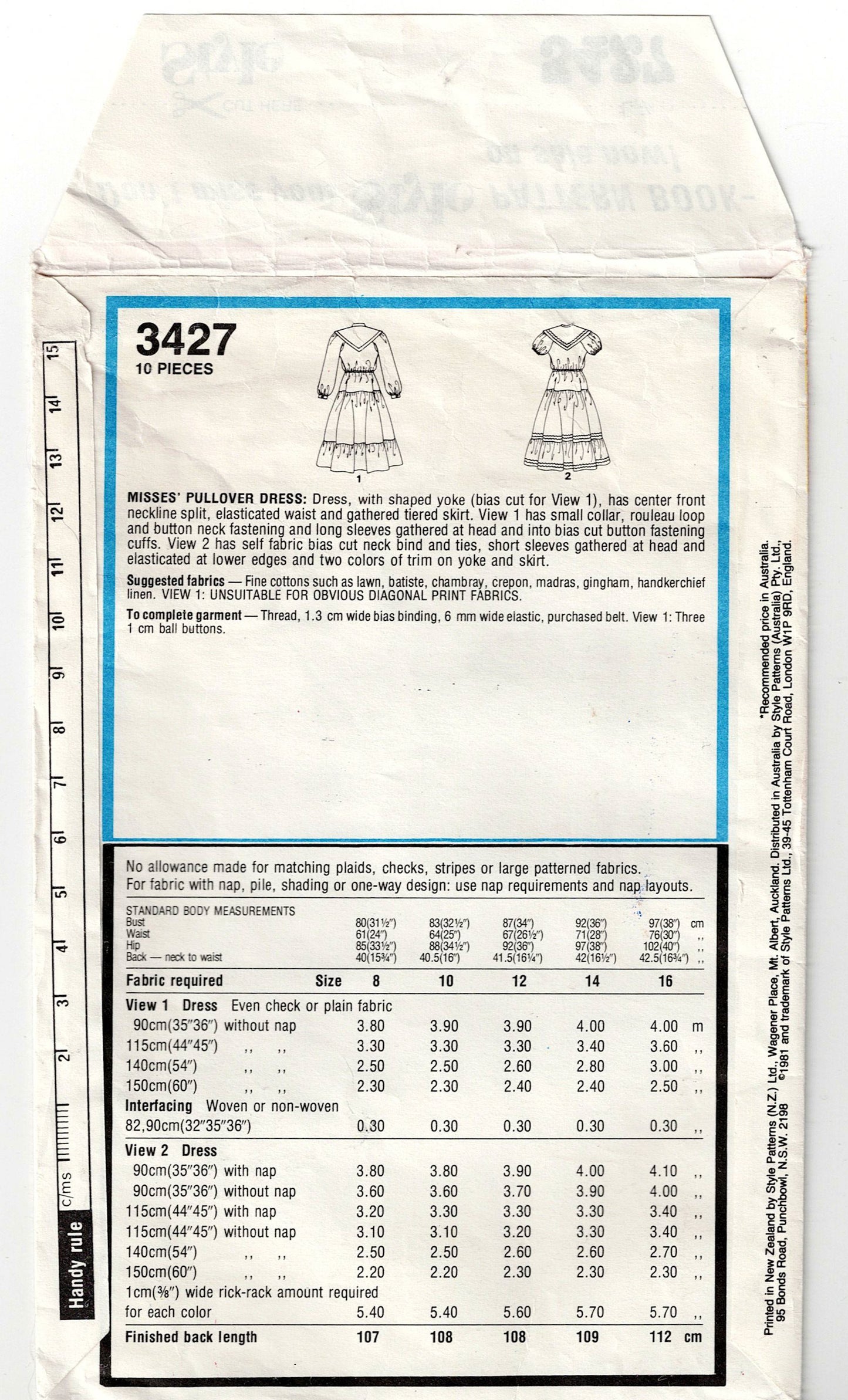 Style 3431 Womens Yoked Tiered Peasant Dress 1980s Vintage Sewing Pattern Size 8 Bust 31.5 Inches