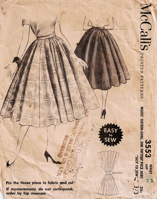 McCall's 3553 Womens Sixteen Gore Skirt 1950s Vintage Sewing Pattern Waist 24 inches UNCUT Factory Folded