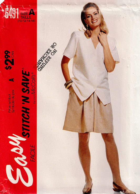 McCall's 6491 Womens Button Front Blouse & Split Skirt 1990s Vintage Sewing Pattern Size 10 - 16 UNCUT Factory Folded