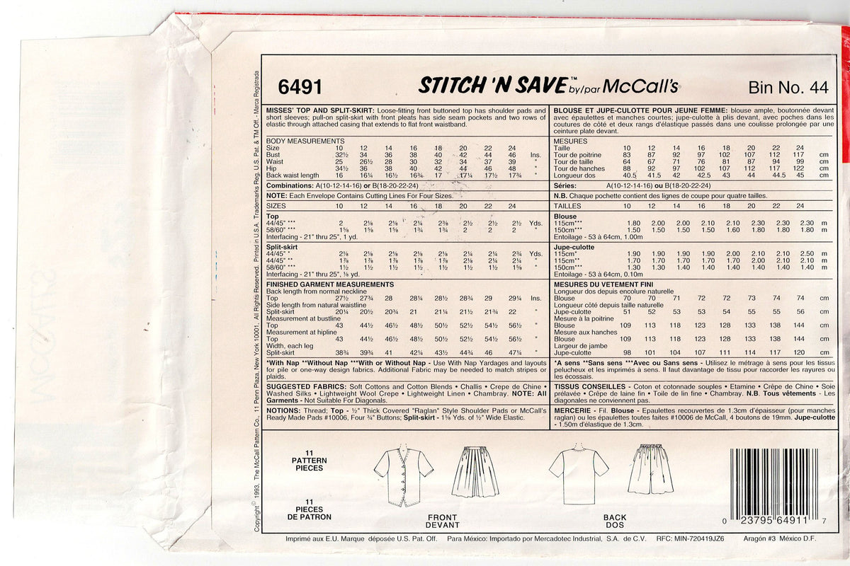McCall's 6491 Womens Button Front Blouse & Pleated Culottes 1990s Vint ...