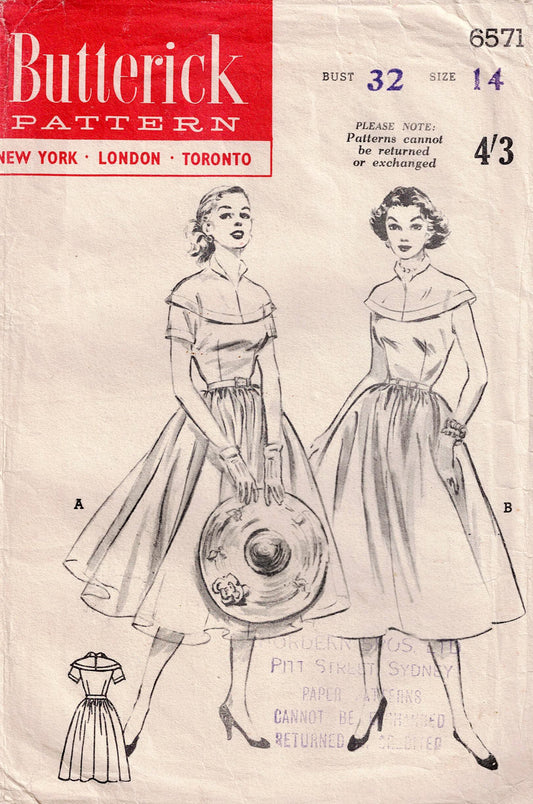 Butterick 6571 Womens Yoked Full Skirt Dress 1950s Vintage Sewing Pattern Size 14 Bust 32 inches