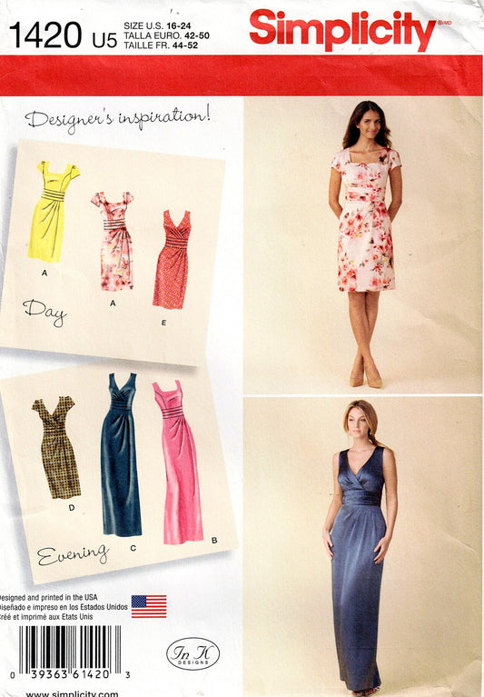 Simplicity 1420 Womens Asymmetric Dress for Day or Evening Out Of Print Sewing Pattern Size 16 - 24 UNCUT Factory Folded