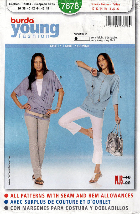 Burda Young 7678 Womens Stretch Knit Tops Out Of Print Sewing Pattern Sizes 10 - 22 UNCUT Factory Folded