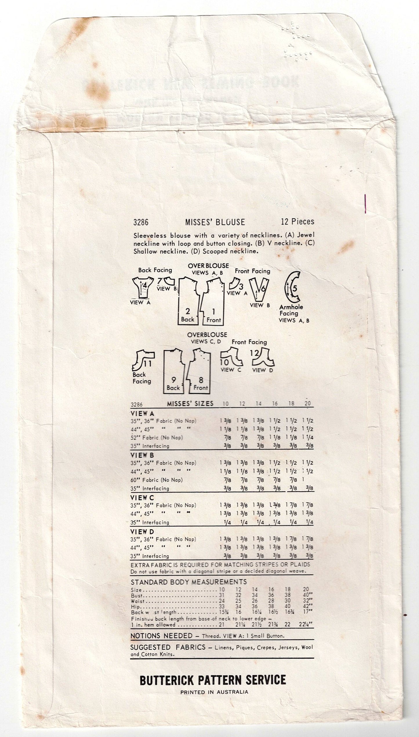 Butterick 3286 Womens Quick N Easy Summer Tops 1960s Vintage Sewing Pattern Size 16 Bust 36 inches