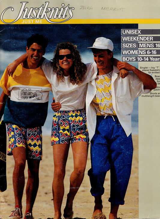 Justknits UNISEX WEEKENDER Stretch Knit T Shirts Shorts Shirt & Beach Pants 1980s Vintage Sewing Pattern UNCUT Factory Folded Master Pattern
