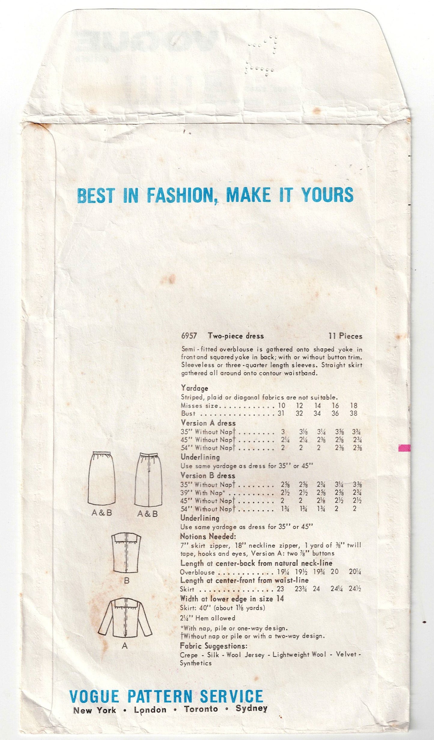 Vogue 6957 Womens Two Piece Evening Dress 1960s Vintage Sewing Pattern Size 16 Bust 36 inches