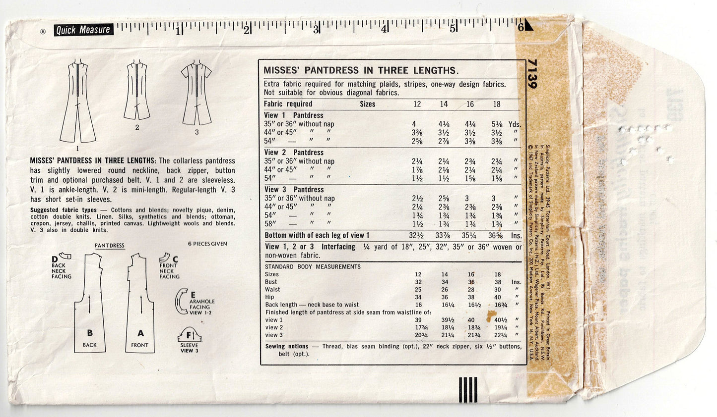 Simplicity 7139 Womens EASY Jumpsuit in 3 Lengths 1960s Vintage Sewing Pattern Size 12 Bust 32 inches