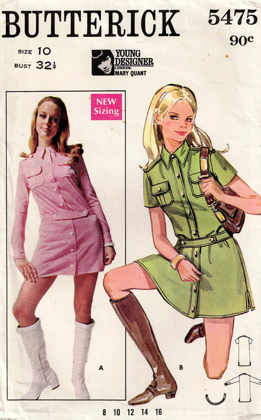 Butterick 5475 MARY QUANT Womens Mini Safari Style Shirtdress 1960s Vintage Sewing Pattern Bust 32 inches