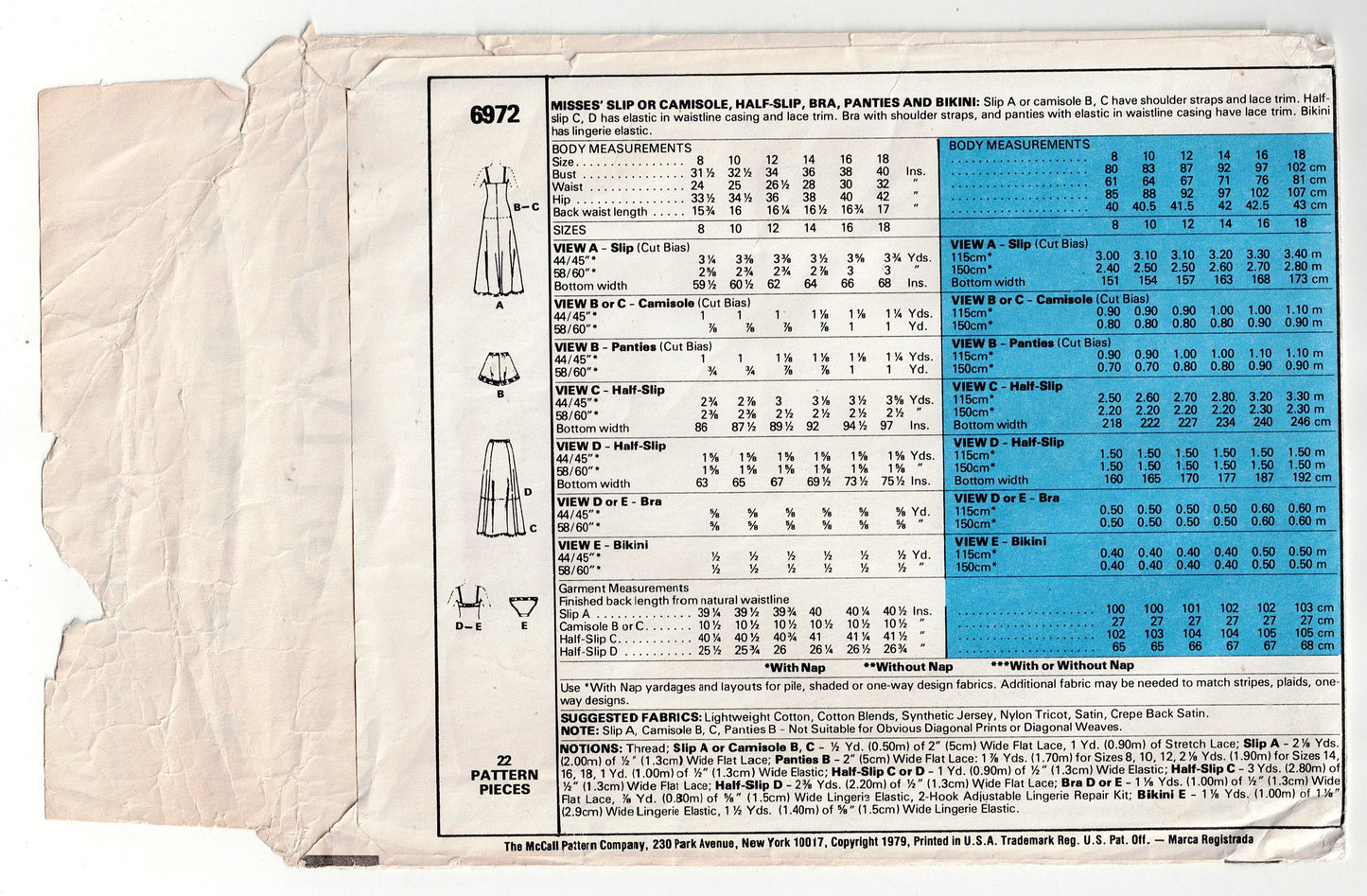 McCall's 6972 Womens Slips Camisole Bra Panties & Bikini 1970s Vintage Sewing Pattern Size 12 Bust 34 Inches