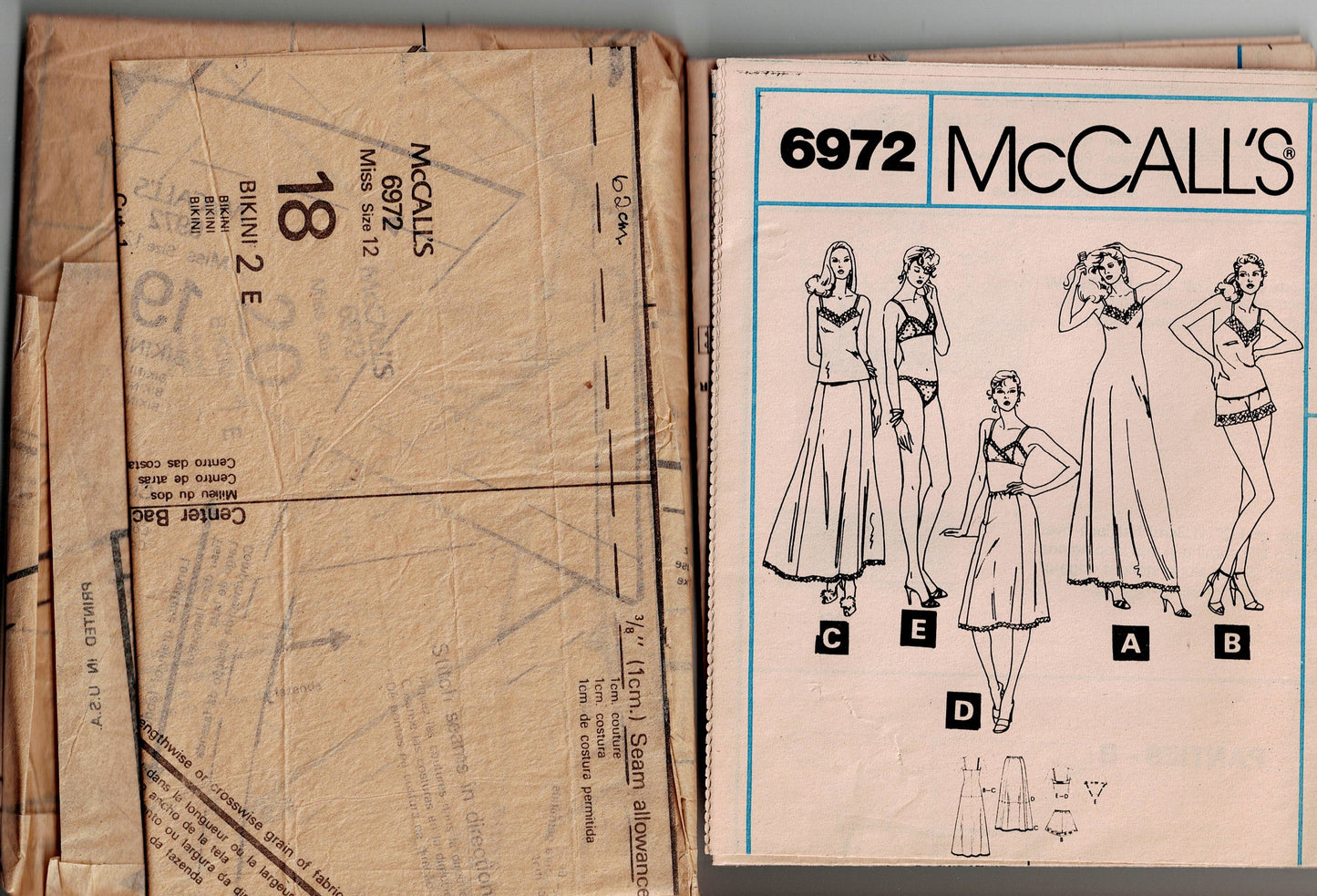 McCall's 6972 Womens Slips Camisole Bra Panties & Bikini 1970s Vintage Sewing Pattern Size 12 Bust 34 Inches