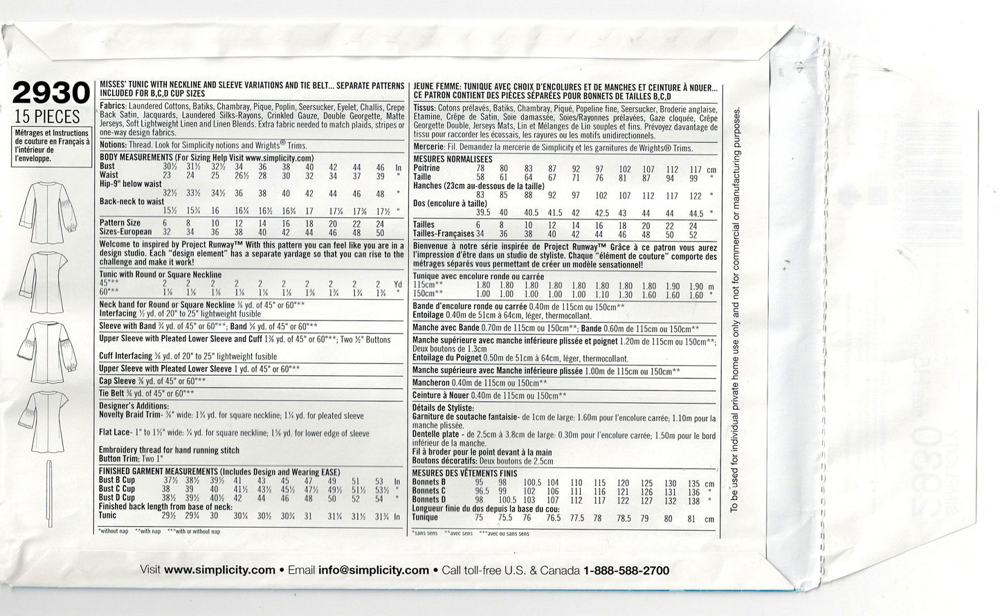 Simplicity 2930 PROJECT RUNWAY Womens Tunic Tops & Belt Out Of Print Sewing Pattern Size 6 - 14 UNCUT Factory Folded