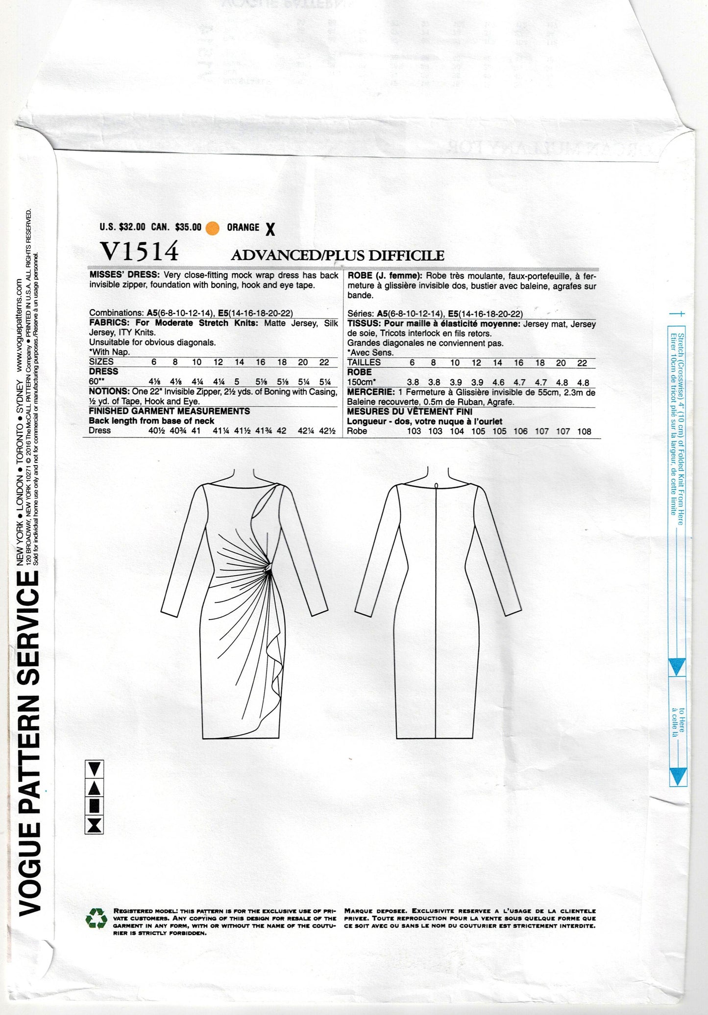 Vogue Designer Original 1514 BELLVILLE SASSOON Womens Stretch Knit Mock Wrap Evening Dress with Side Drape & Cutout Out Of Print Sewing Pattern Size 14 - 22 UNCUT Factory Folded