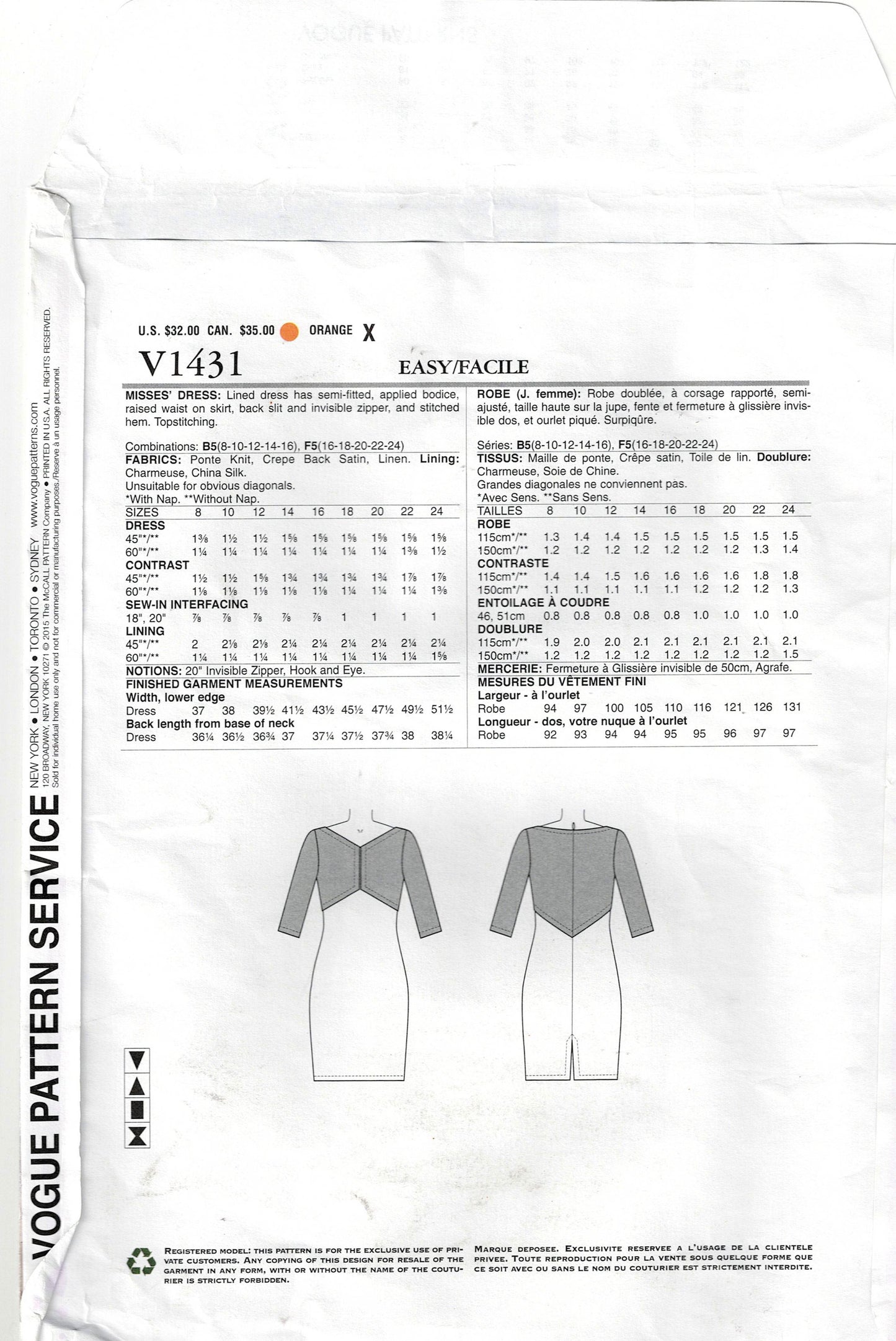 Vogue American Designer 1431 TOM & LINDA PLATT Womens Lined Evening Colour Block Sheath Dress Out Of Print Sewing Pattern Size 16 - 24 UNCUT Factory Folded
