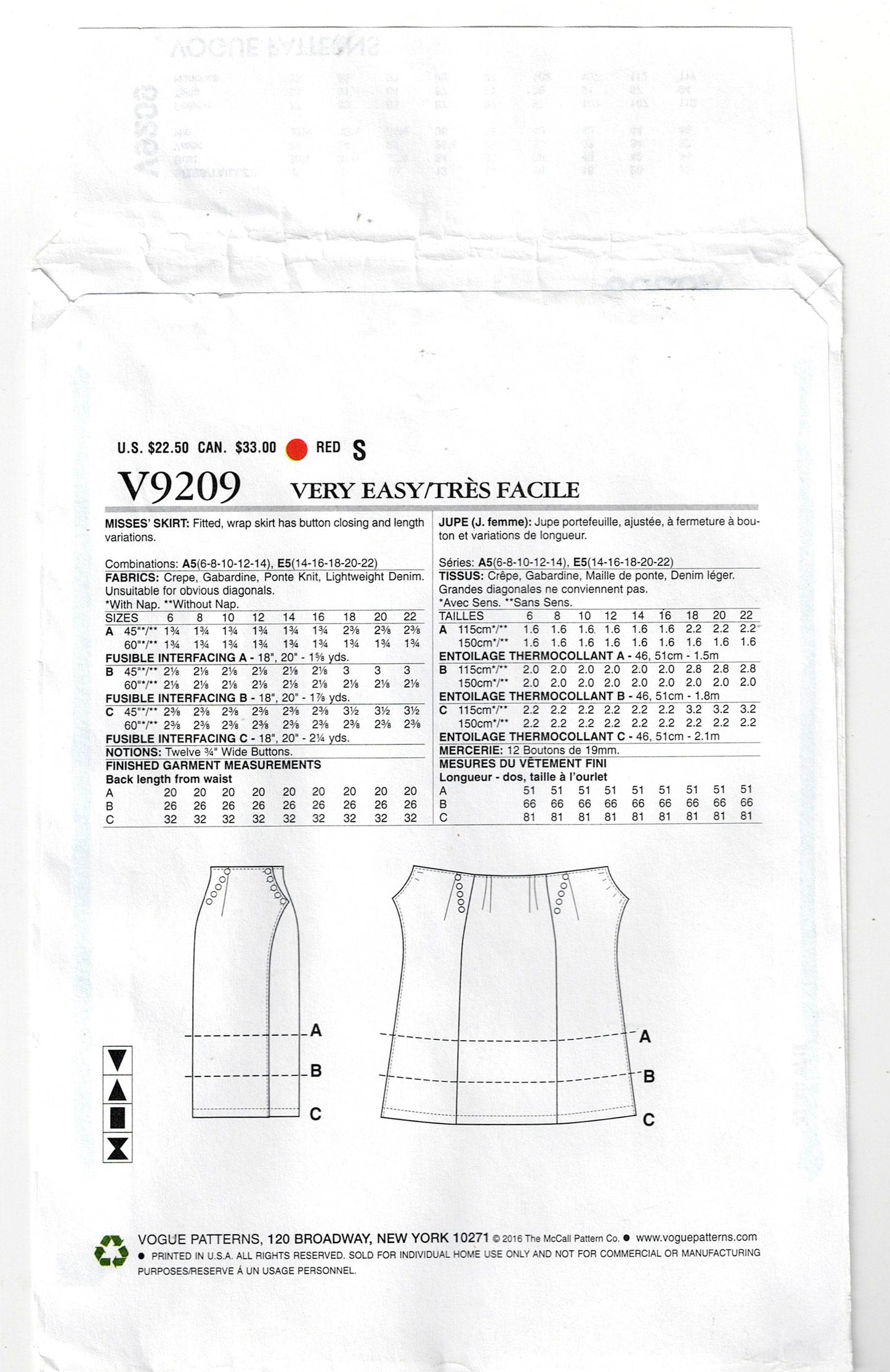 Very Easy Vogue 9209 Womens Wrap Skirt with Button Trim Out Of Print Sewing Pattern Size 14 - 22 UNCUT Factory Folded