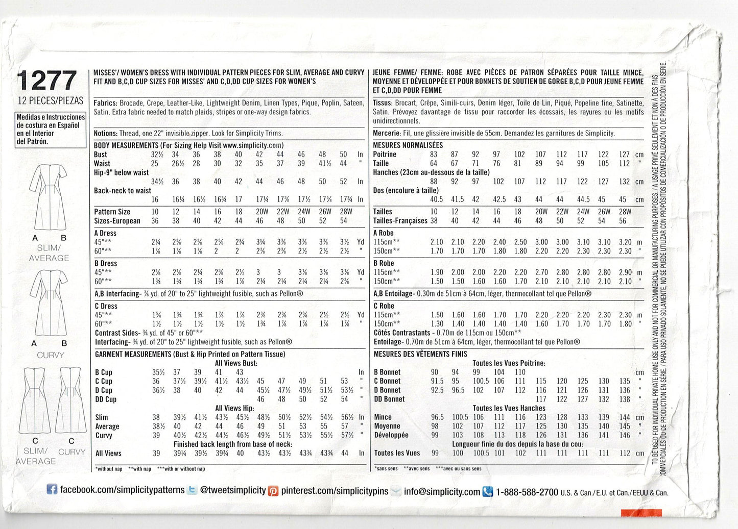Simplicity 1277 Womens AMAZING FIT Side Panelled Dress with Pockets Out Of Print Sewing Pattern Sizes 20 - 28 UNCUT Factory Folded