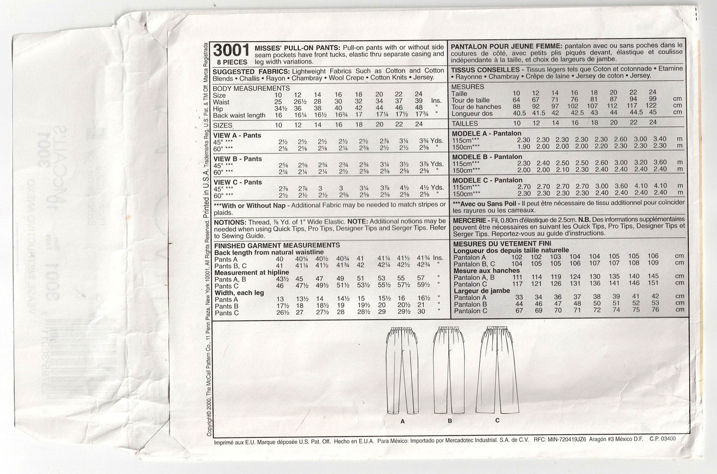 McCall's 3001 Womens PALMER PLETSCH Classic Fit Pants with Tapered or Wide Legs Out Of Print Sewing Pattern Size 10 UNCUT Factory Folded