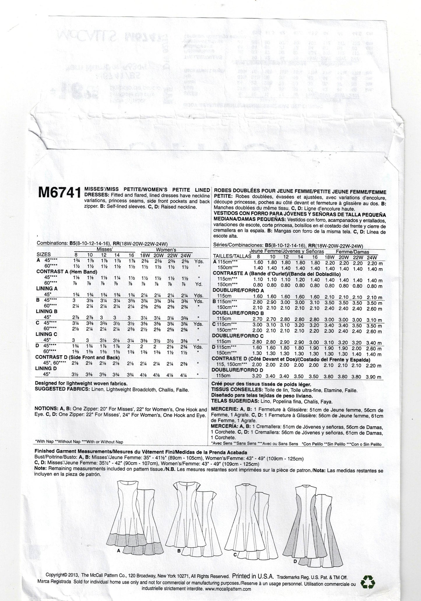 McCall's 6741 Womens Fit & Flared Dresses Out Of Print Sewing Pattern Sizes 8 - 16 UNCUT Factory Folded