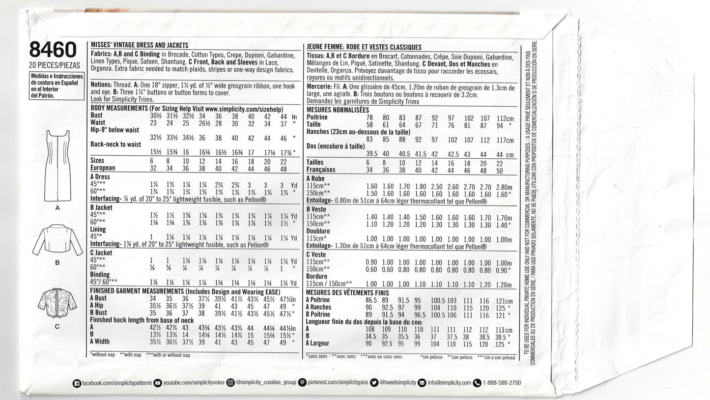 Simplicity 8460 Womens Sheath Dress & Bolero Jacket 1950s Reissued Sewing Pattern Size 14 - 22 UNCUT Factory Folded