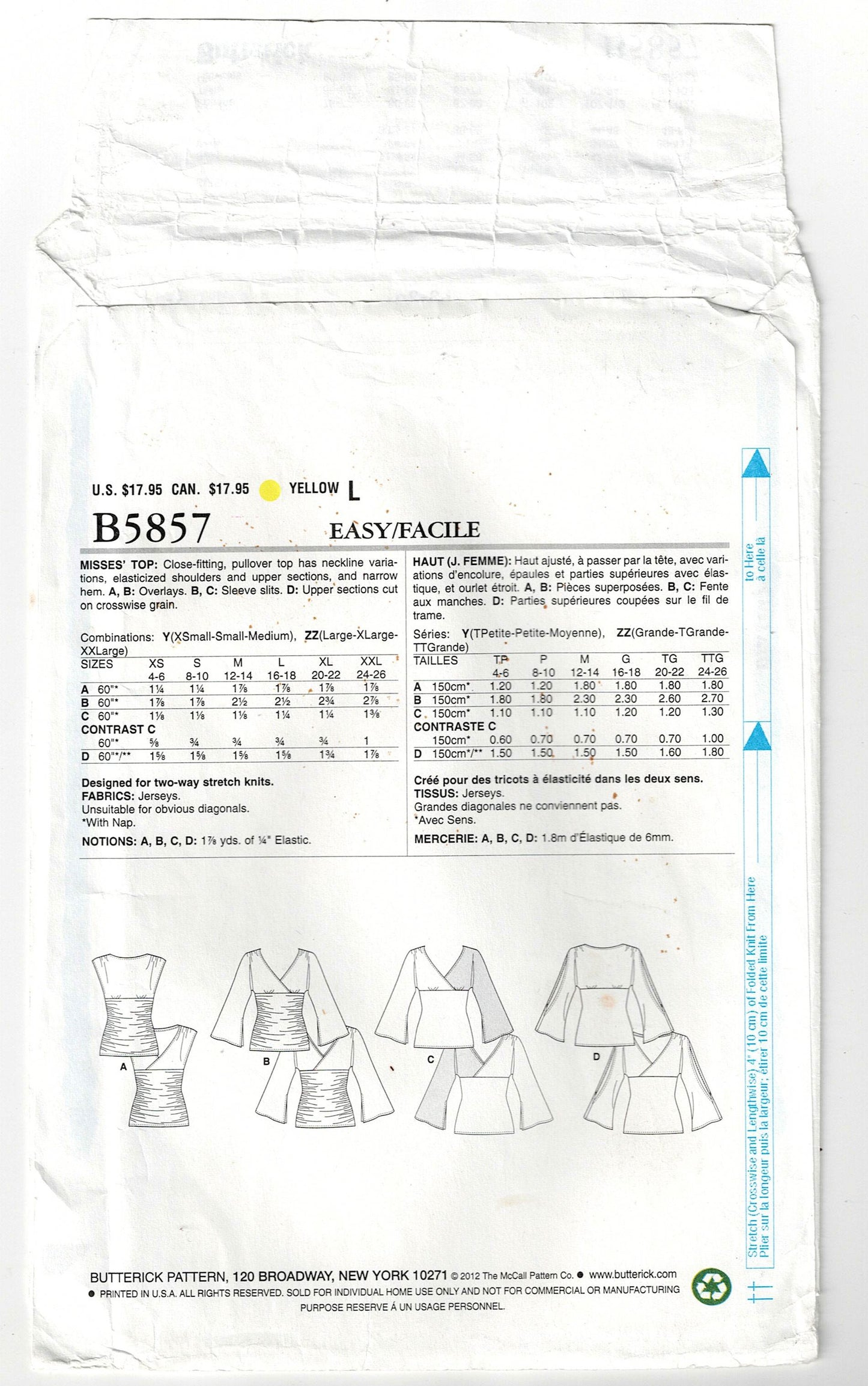 Butterick 5857 Womens Stretch Ruched Tunic Tops Out Of Print Sewing Pattern Size XS - M UNCUT Factory Folded