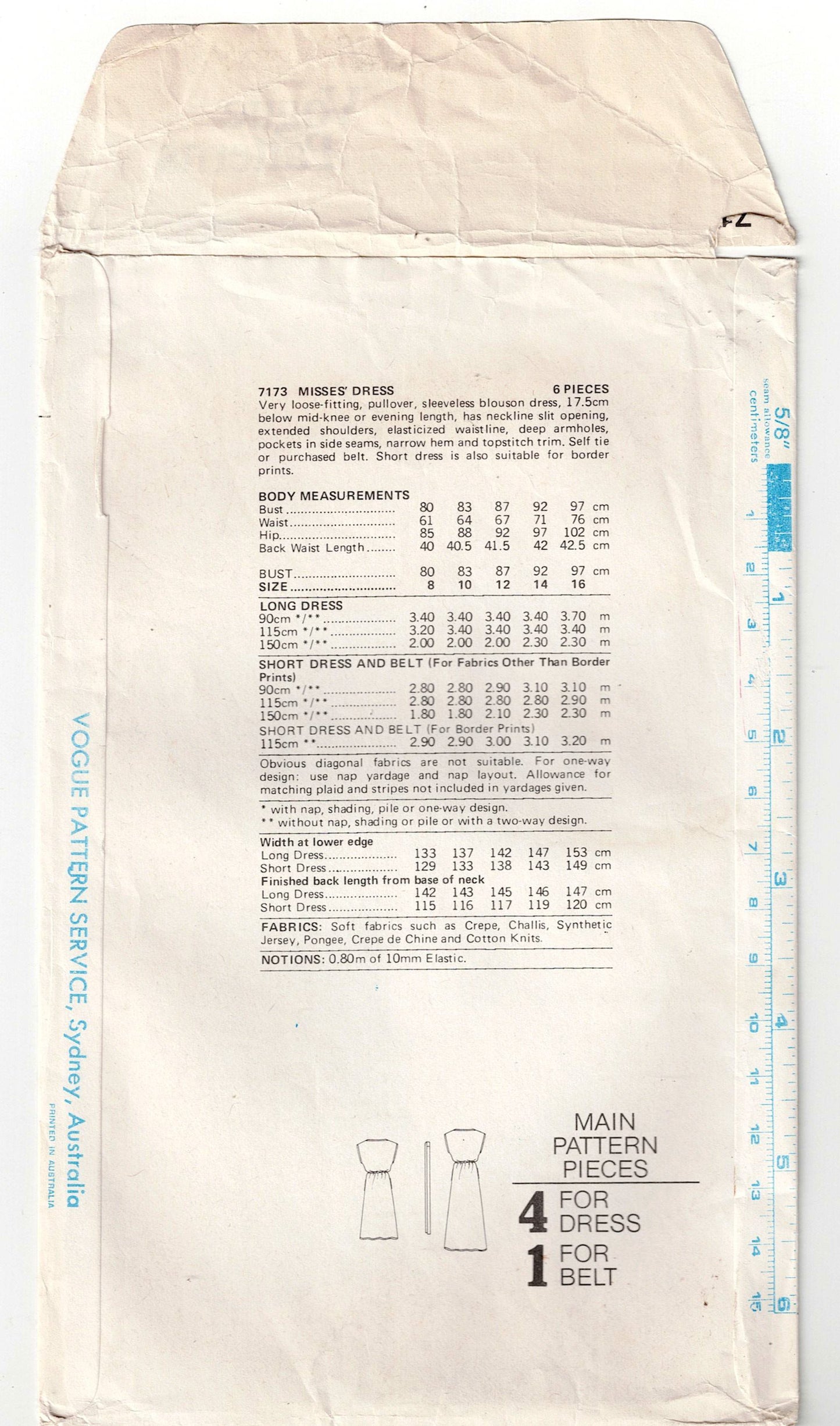 Vogue 7173 Womens Pullover Blouson Dress 1970s Vintage Sewing Pattern Size 10 Bust 32.5 inches