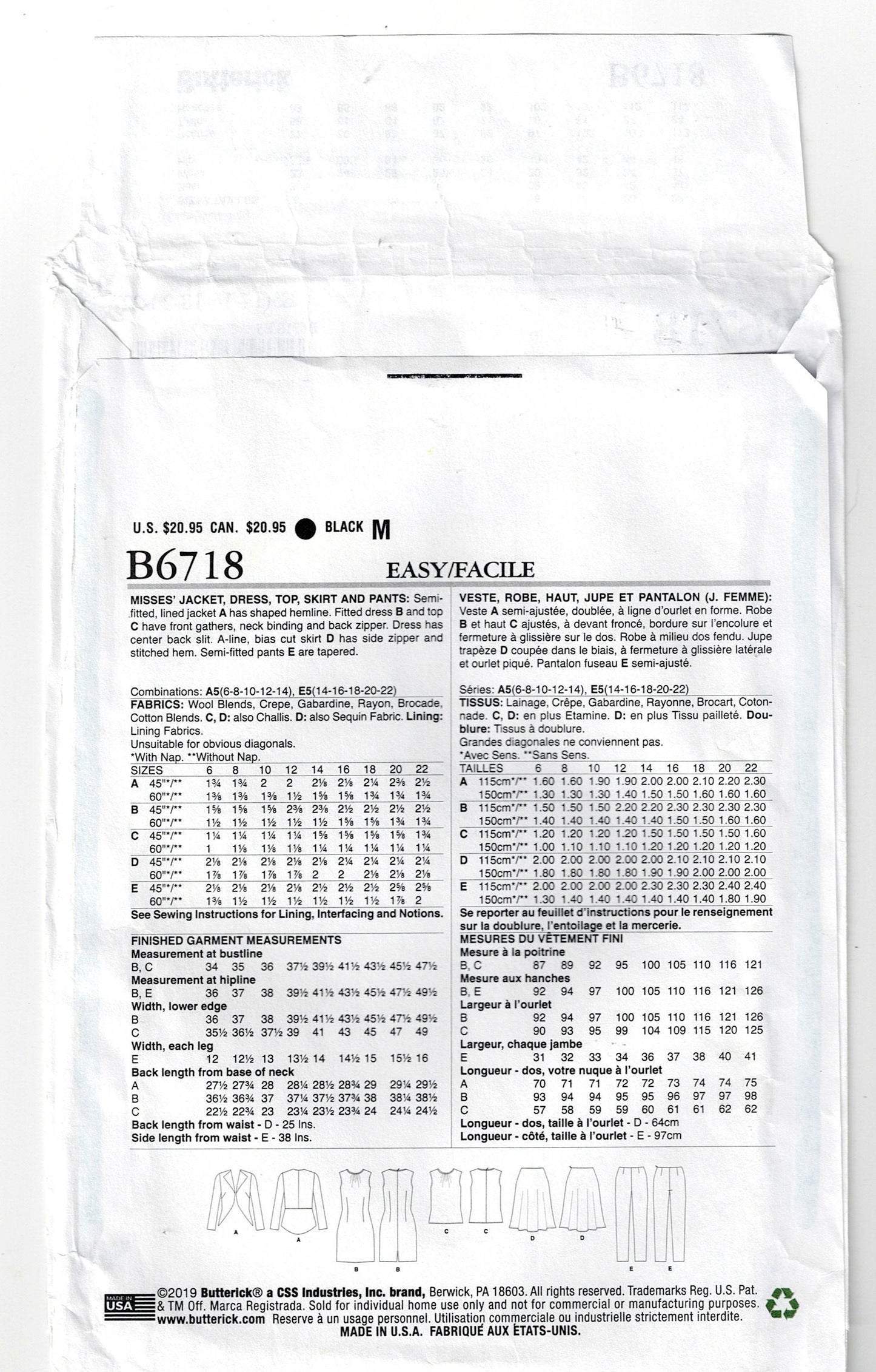 Butterick 6718 Womens LIFESTYLE WARDROBE Sewing Pattern Sizes 14 - 22 UNCUT Factory Folded