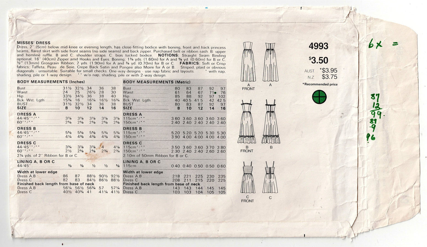 Butterick 4993 Womens Evening Dress in 3 Styles 1980s Vintage Sewing Pattern Size 10 Bust 32.5 inches