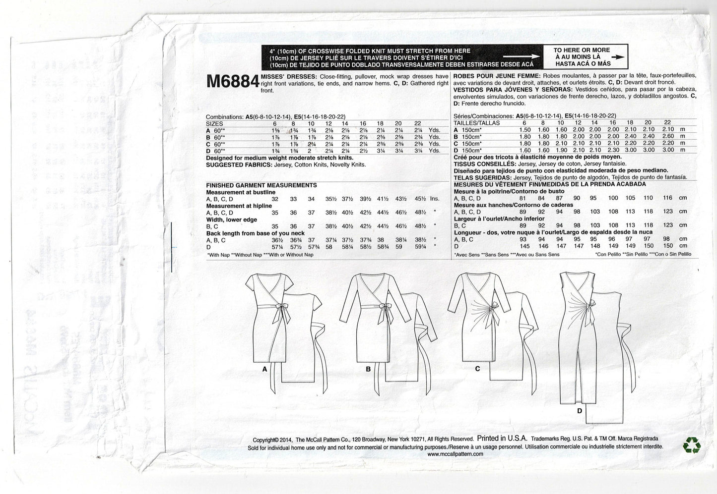 McCall's 6884 Womens EASY Stretch Wrap Dresses Out Of Print Sewing Pattern Size 14 - 22 UNCUT Factory Folded