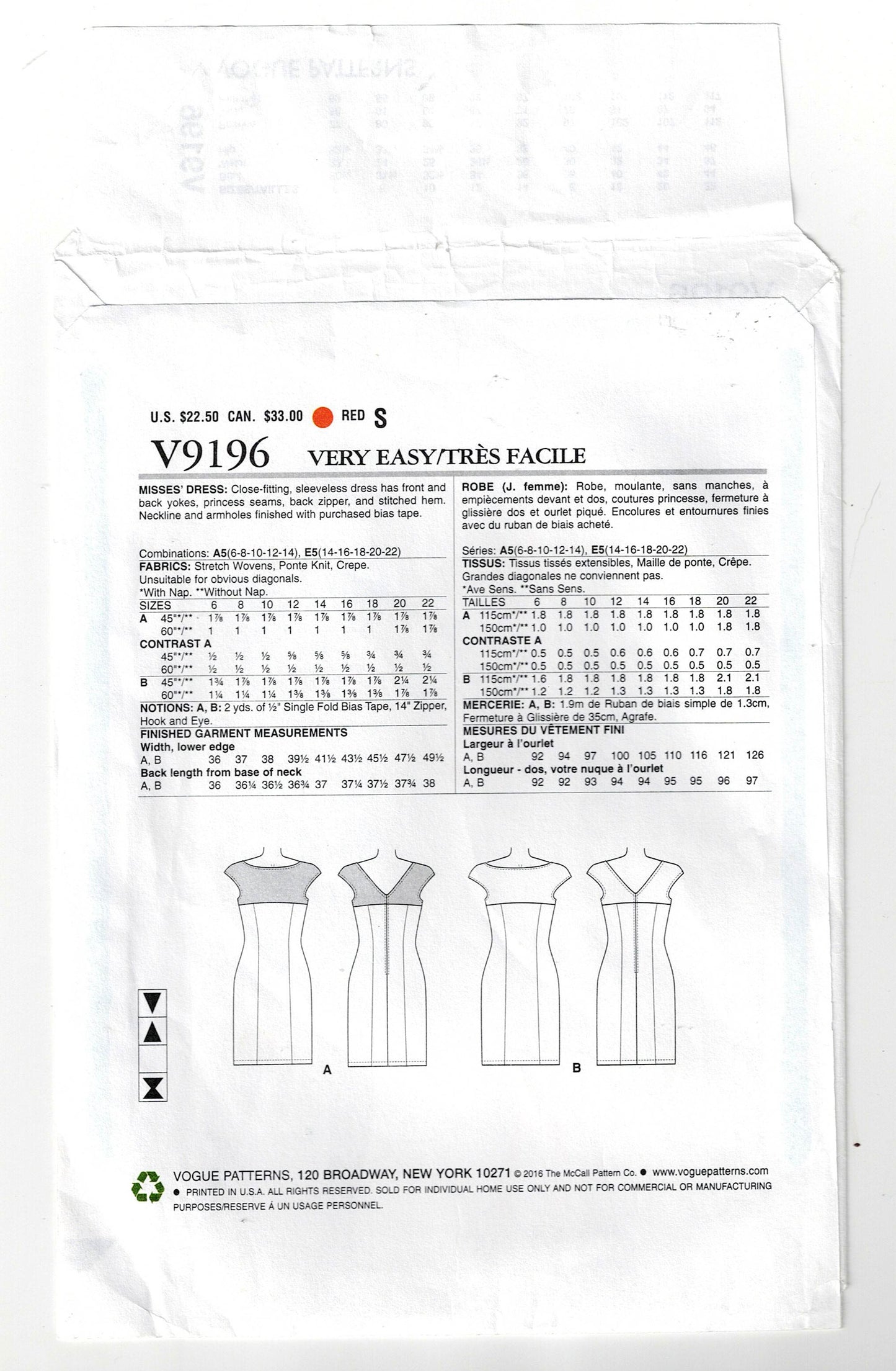 Very Easy Vogue 9196 Womens Stretch Panelled Yoked Sheath Dress Out Of Print Sewing Pattern Size 14 - 22 UNCUT Factory Folded