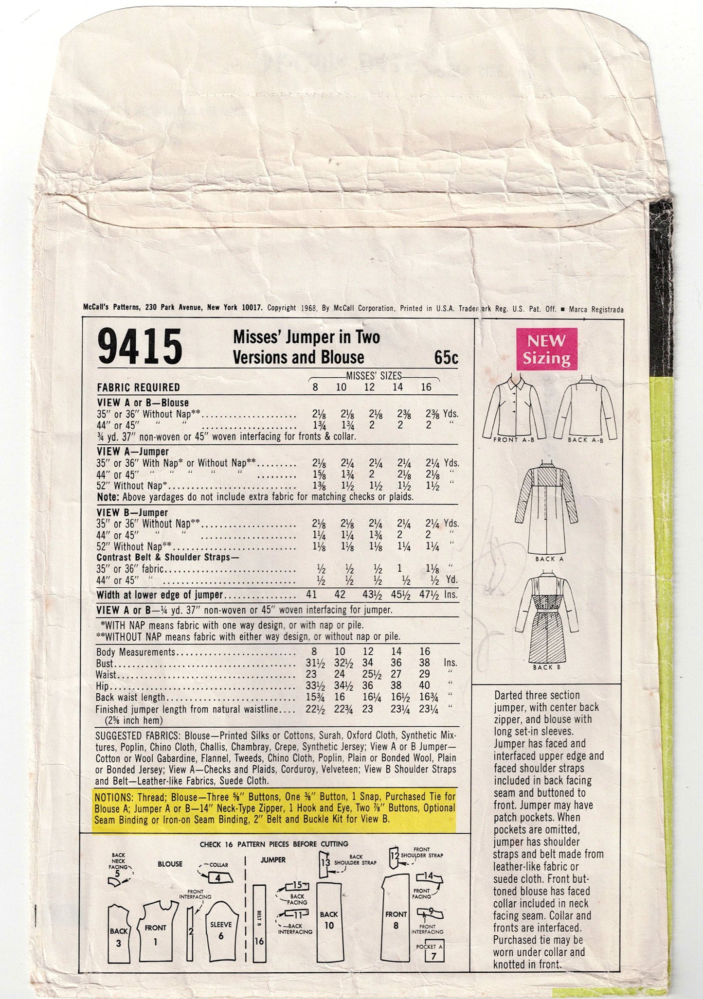 McCall's 9415 Womens Jumper Dress & Blouse 1960s Vintage Sewing Pattern Size 16 Bust 38 inches