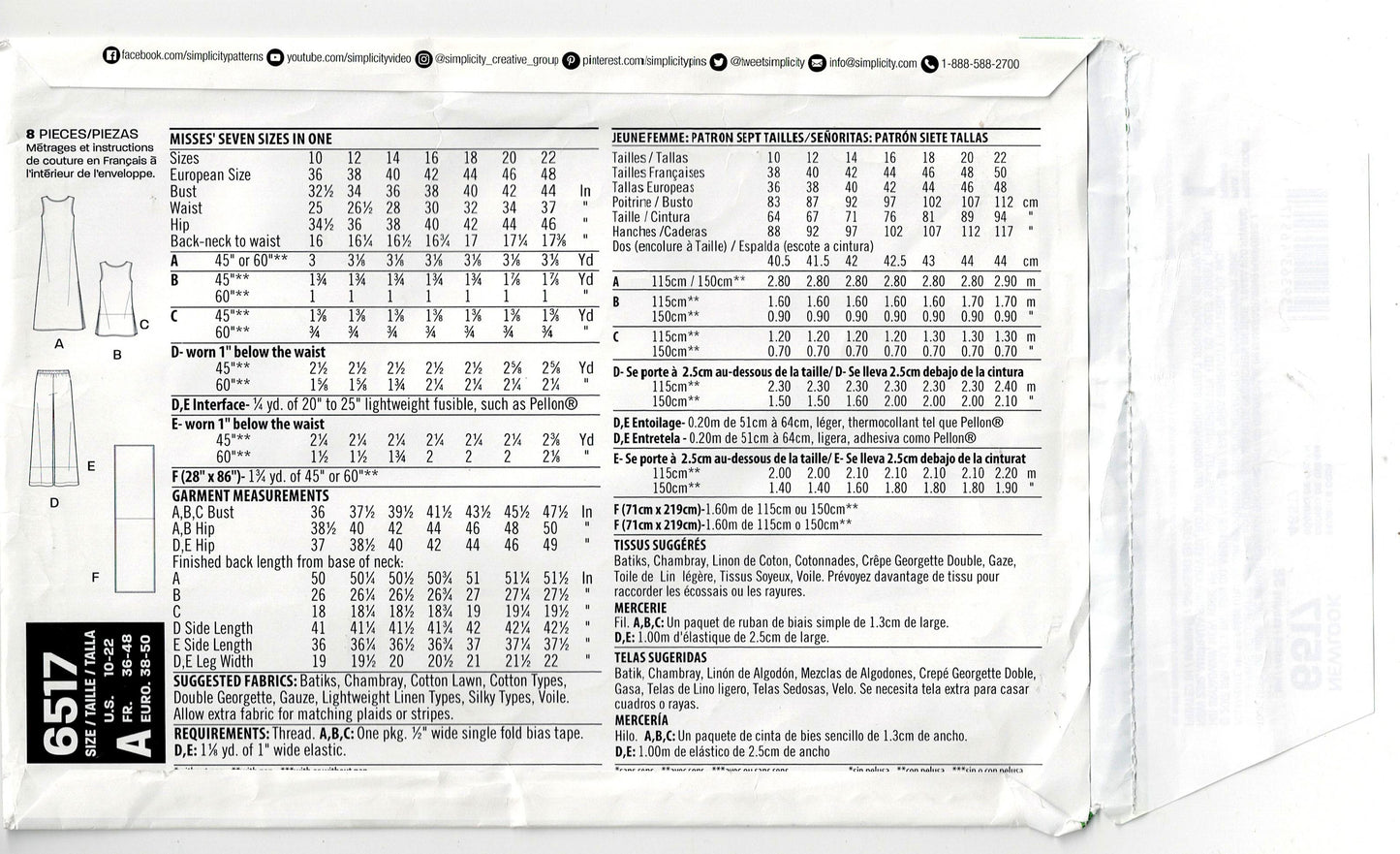 New Look 6517 Womens EASY Summer Capsule Wardrobe Out Of Print Sewing Pattern Size 10 - 22 UNCUT Factory Folded